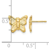 Gold butterfly stud earrings shown from front and side view with a measurement scale indicating approximately half an inch in width.