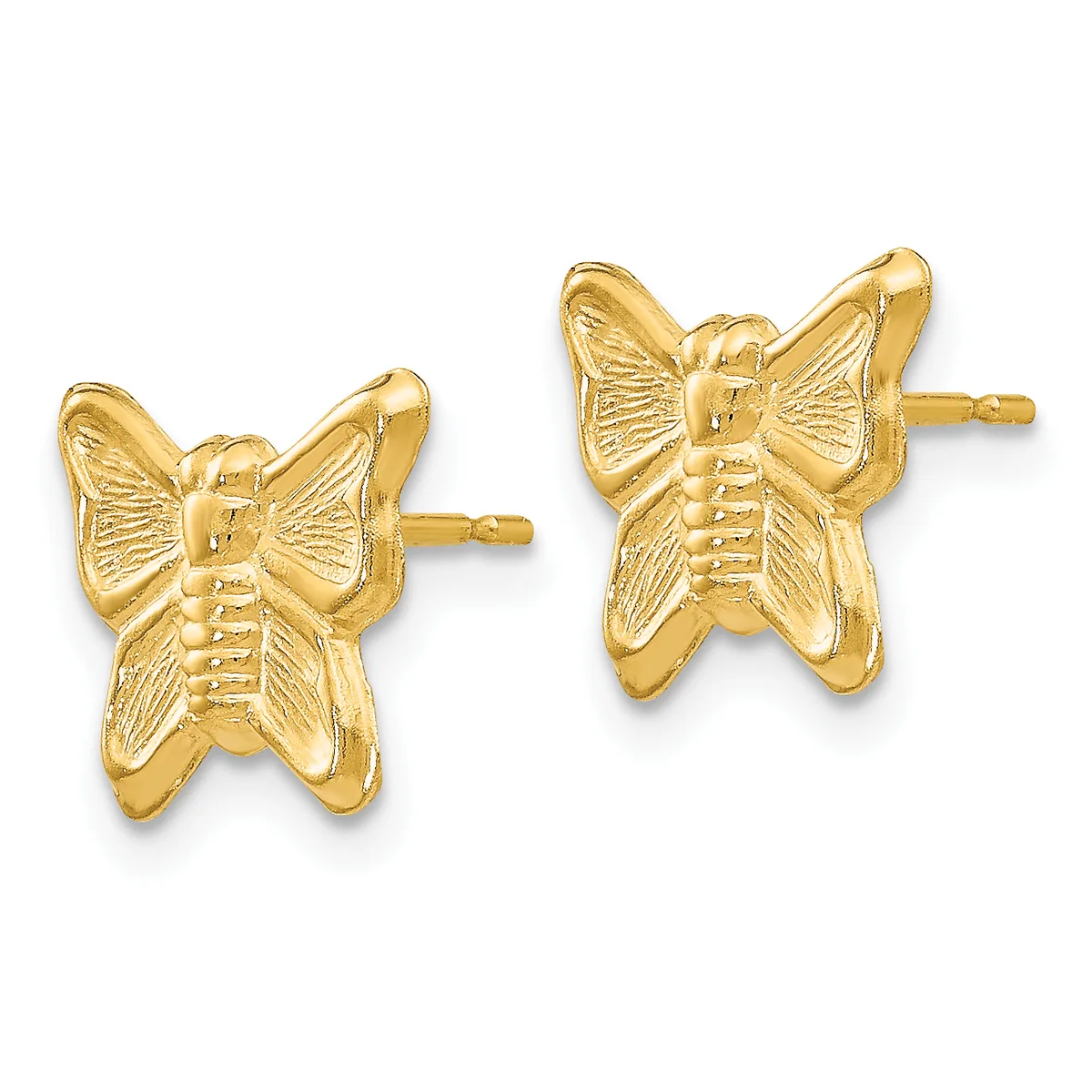 A pair of gold butterfly-shaped stud earrings with detailed wing and body texturing, shown from the front against a white background.