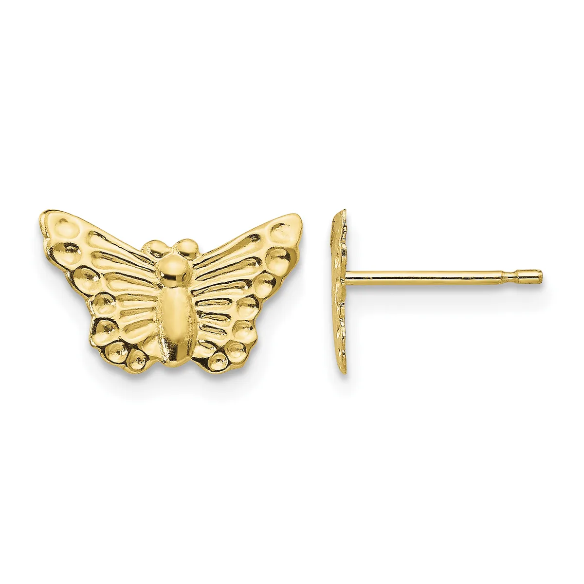 A pair of gold butterfly stud earrings shown from front and side views, featuring detailed wing patterns with small circular designs and a post-and-back closure.
