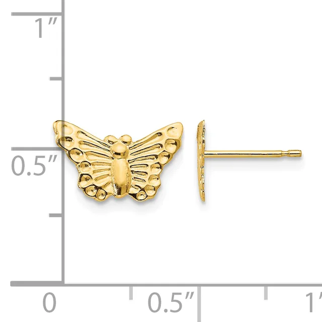 Gold butterfly stud earring shown next to a ruler with measurements indicating approximately 0.5 inches wide and 0.5 inches tall.