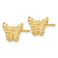 Pair of gold butterfly stud earrings with textured wings and posts, shown against a white background.