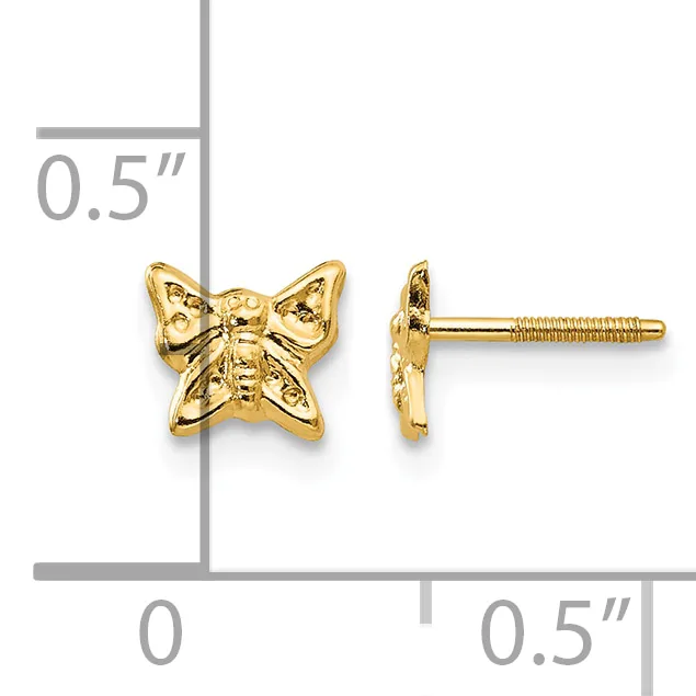 Gold-colored butterfly stud earrings shown front and side view with a measurement scale indicating approximately 0.5 inches in width.