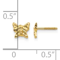 Gold-colored butterfly stud earrings shown front and side view with a measurement scale indicating approximately 0.5 inches in width.