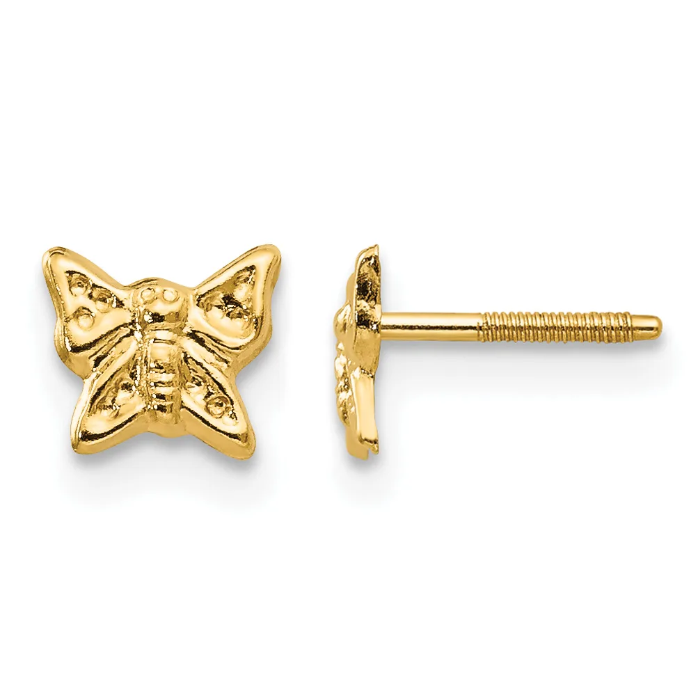 A pair of gold-toned butterfly-shaped stud earrings with textured wings shown from front and side views, featuring threaded posts.