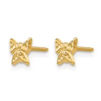 A pair of gold bow-shaped stud earrings with textured surfaces and screw-back posts, shown from the front against a white background.