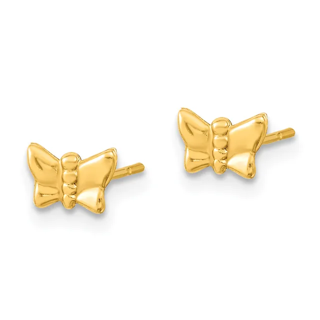 A pair of gold bow-shaped stud earrings with polished surfaces and post backs, displayed against a white background.