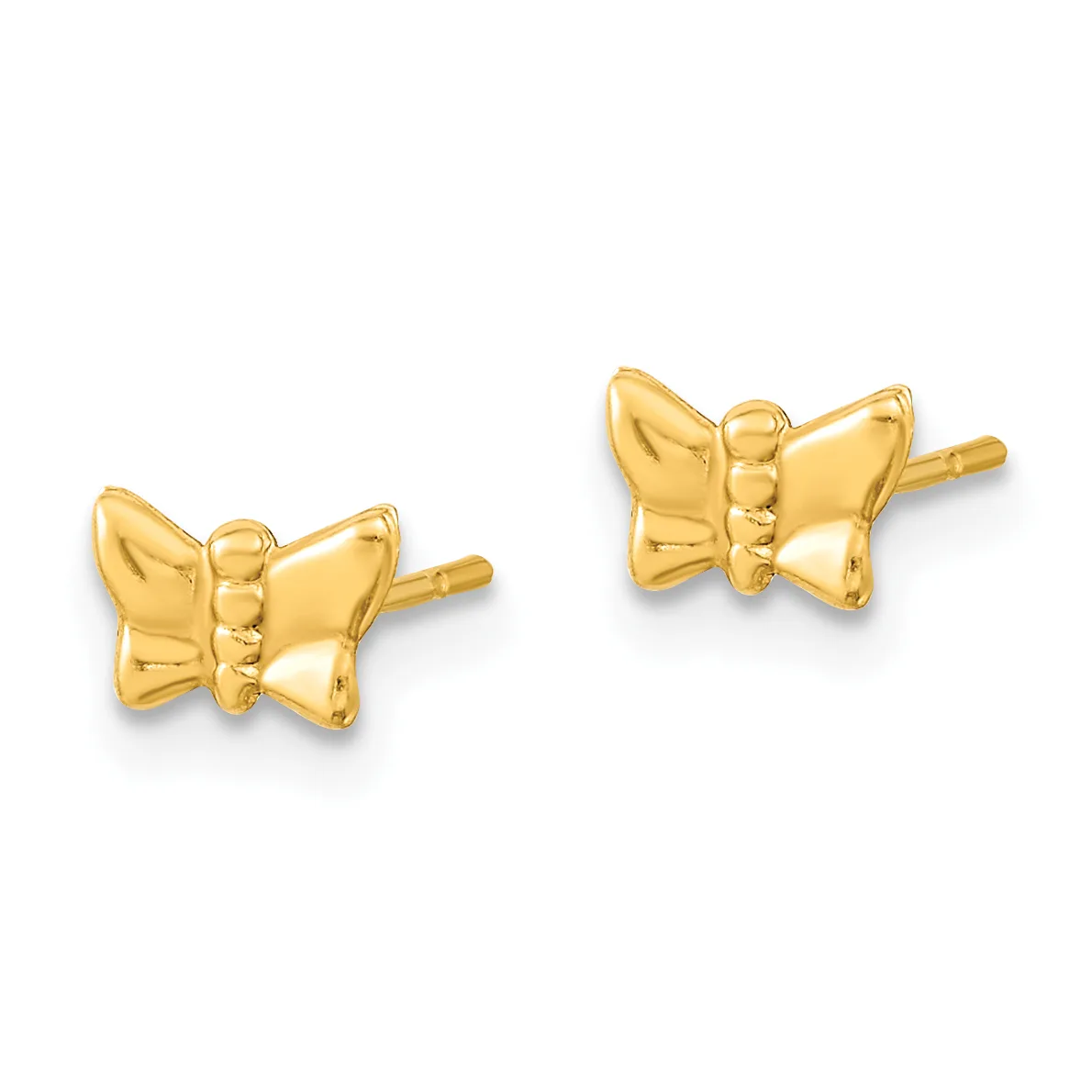 A pair of gold bow-shaped stud earrings with polished surfaces and post backs, displayed against a white background.