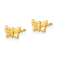 A pair of gold bow-shaped stud earrings with polished surfaces and post backs, displayed against a white background.