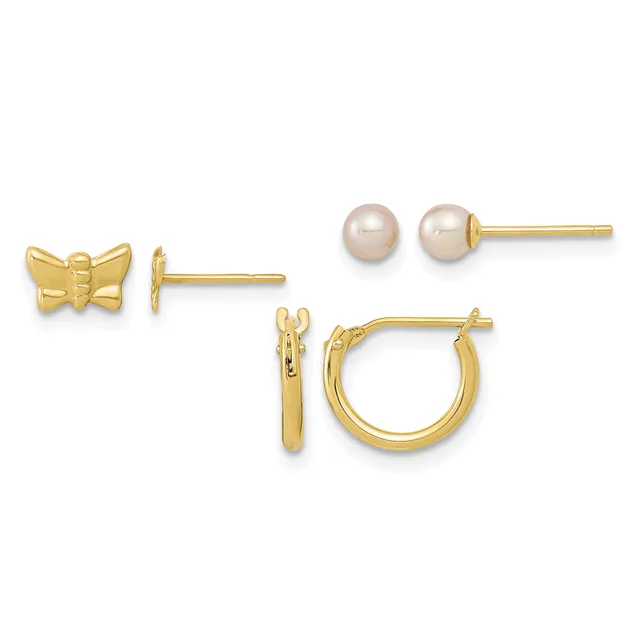 Three pairs of gold earrings displayed against a white background: small bow stud earrings, pearl stud earrings, and small hoop earrings with a hinged clasp.