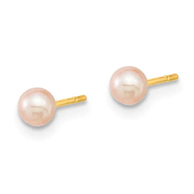 Pair of round pink pearl stud earrings with gold posts and backs, displayed against a white background.