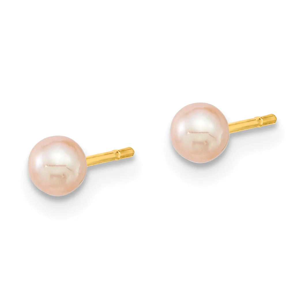 Pair of round pink pearl stud earrings with gold posts and backs, displayed against a white background.