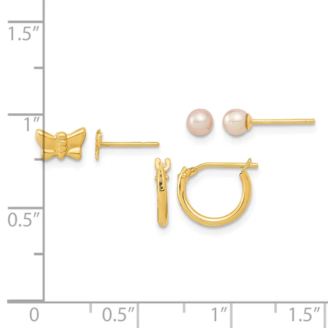 Three pairs of gold earrings displayed on a measurement scale: small bow stud earrings, small hoop earrings, and pearl stud earrings in neutral tones.