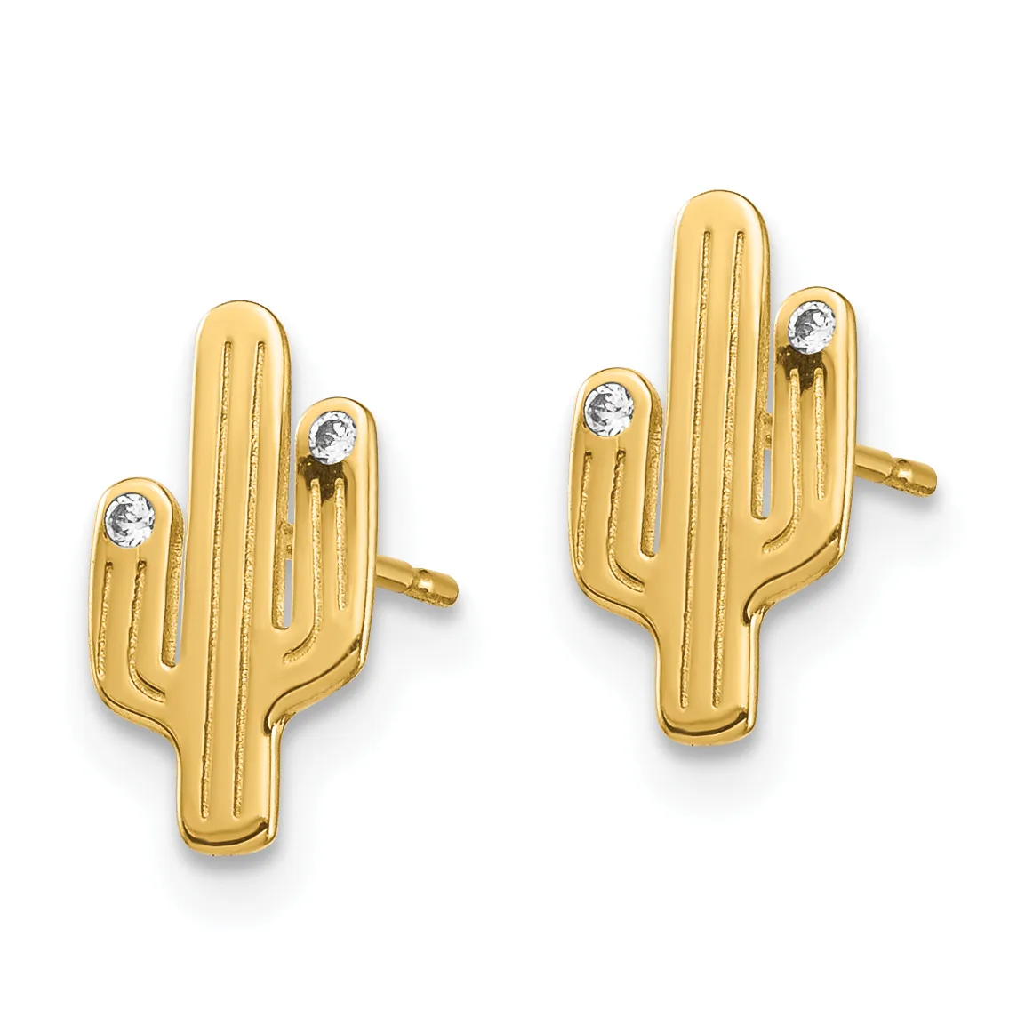 Pair of gold cactus-shaped stud earrings with vertical line details and small round diamond accents, shown from the front.