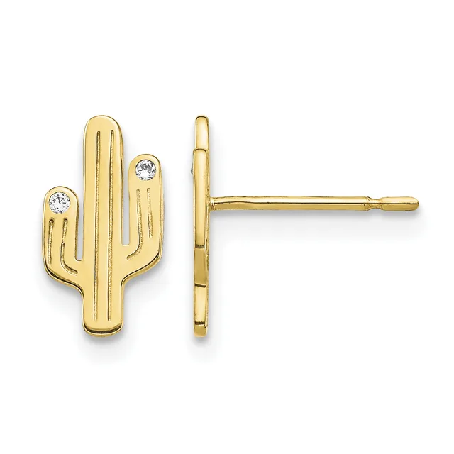 A pair of gold cactus-shaped stud earrings with diamond accents, shown from front and back views.