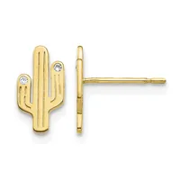 A pair of gold cactus-shaped stud earrings with diamond accents, shown from front and back views.