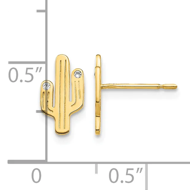 Gold cactus stud earrings with diamond accents shown front and side view against a measurement scale indicating approximately half inch height.