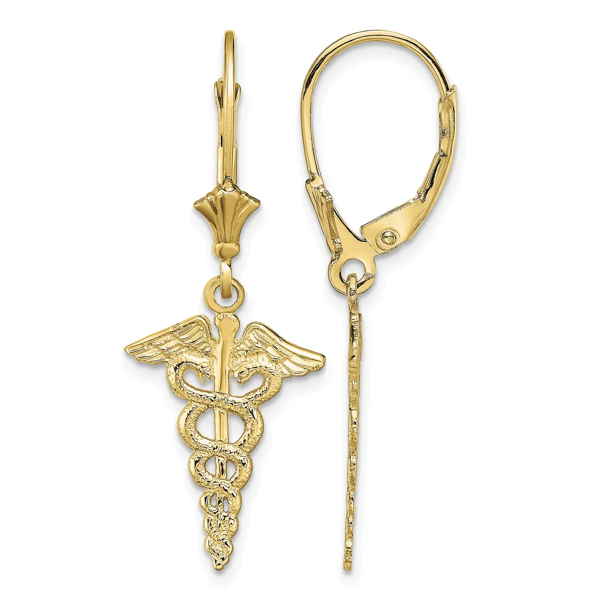 Gold caduceus medical symbol dangle earrings with leverback closures displayed against a white background.