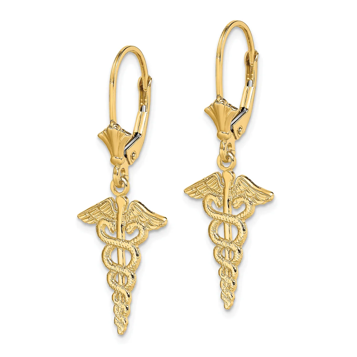 Pair of gold lever-back earrings with caduceus charms featuring intertwined snakes, wings, and a vertical staff.