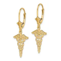 Pair of gold lever-back earrings with caduceus charms featuring intertwined snakes, wings, and a vertical staff.