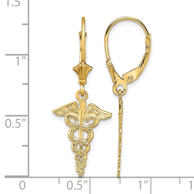 Gold caduceus medical symbol dangle earrings with leverback closures displayed next to a ruler showing approximately one inch in length.