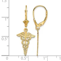 Gold caduceus medical symbol dangle earrings with leverback closures displayed next to a ruler showing approximately one inch in length.