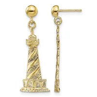 Pair of gold-colored dangle earrings featuring lighthouse charms with spiral striped towers on ornate bases, shown from front and back views.