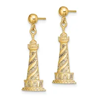 Pair of gold lighthouse dangle earrings with ball studs, featuring spiral striped towers with lantern tops and detailed base platforms.