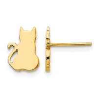 Pair of gold cat-shaped stud earrings shown from front and side views, featuring pointed ears, curved tail, and smooth polished finish.