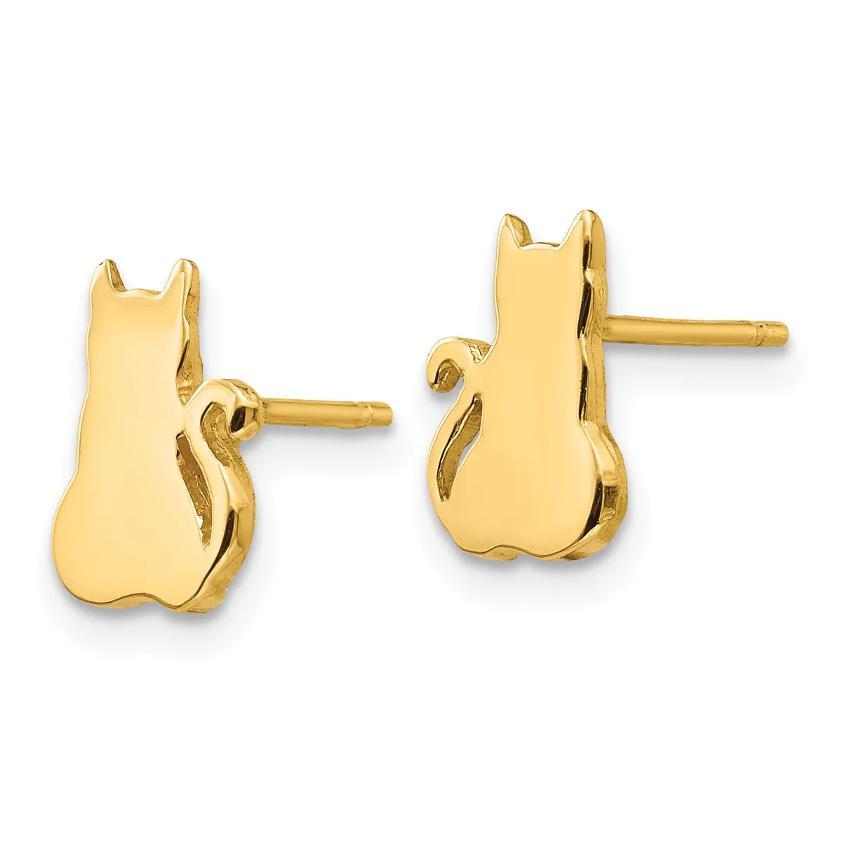 Pair of gold cat-shaped stud earrings with pointed ears and curved tail details, shown from front and side views.