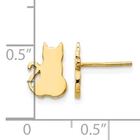 Gold cat-shaped stud earrings shown from front and side views with a measurement scale indicating approximately 0.5 inches in height and width.