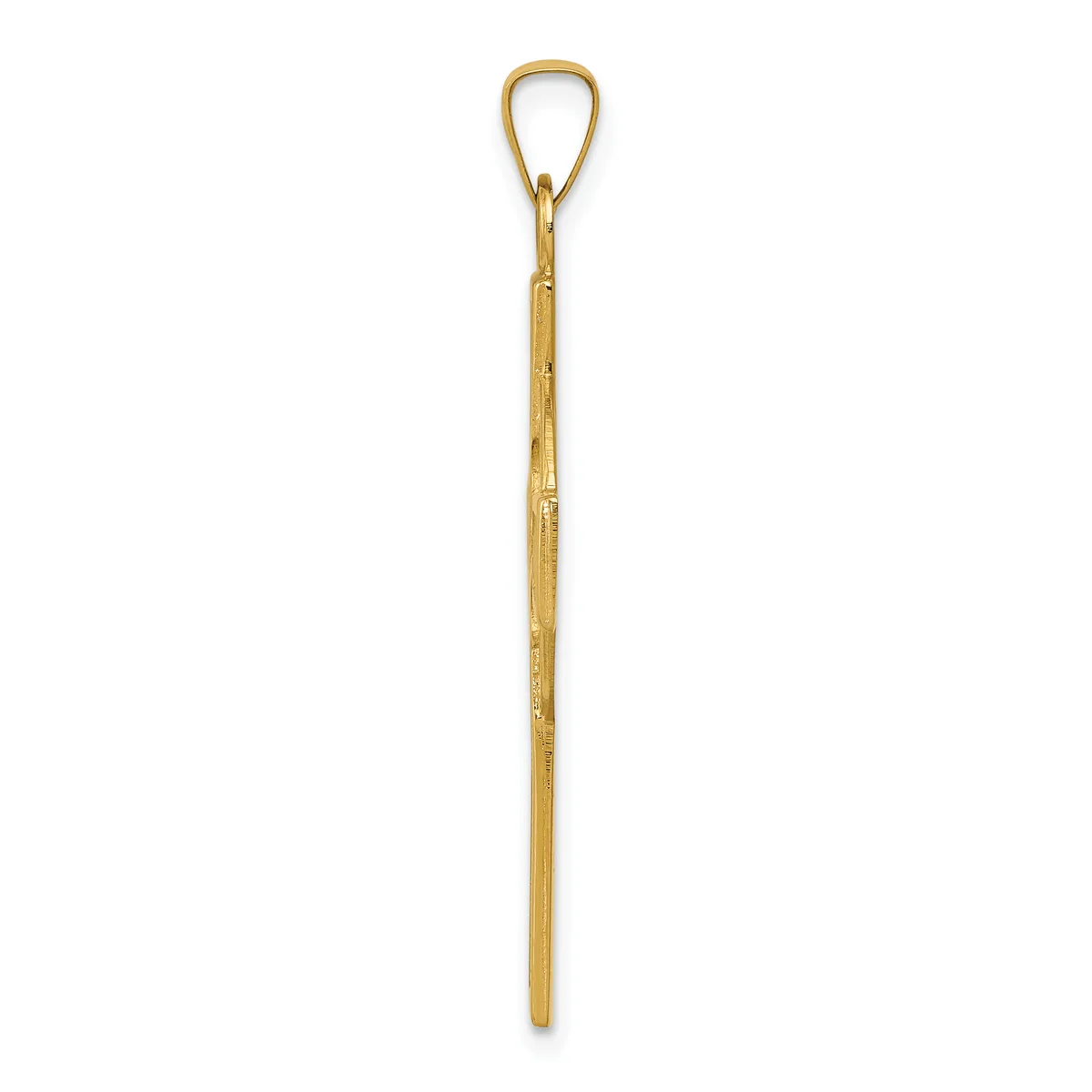 A long, slender brass pendant with a teardrop-shaped loop at the top and a tapered shaft extending downward against a white background.
