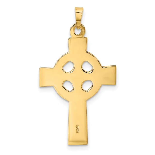 Gold Celtic cross pendant with four circular cutouts arranged in a cross pattern on the circular center, suspended from a rectangular bail.
