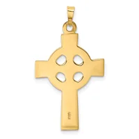 Gold Celtic cross pendant with four circular cutouts arranged in a cross pattern on the circular center, suspended from a rectangular bail.