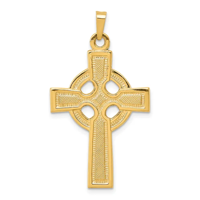 Gold Celtic cross pendant with circular cutouts at the intersection and textured surface finish, shown hanging from a bail.