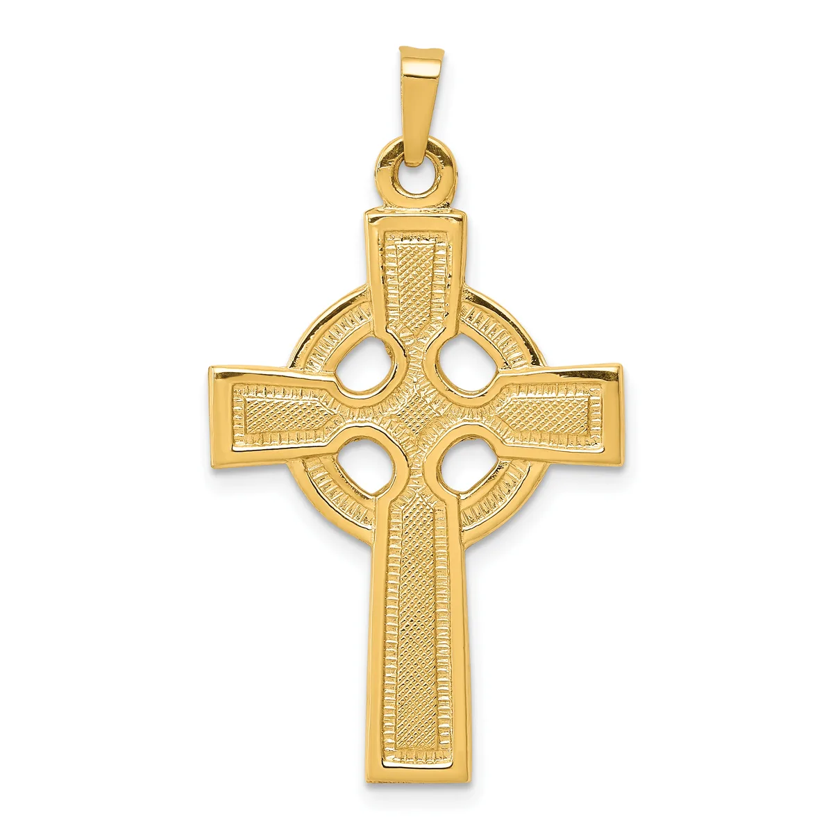 Gold Celtic cross pendant with circular cutouts at the intersection and textured surface finish, shown hanging from a bail.