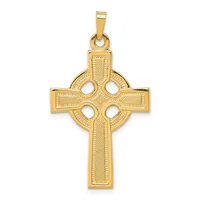 Gold Celtic cross pendant with circular cutouts at the intersection and textured surface finish, shown hanging from a bail.