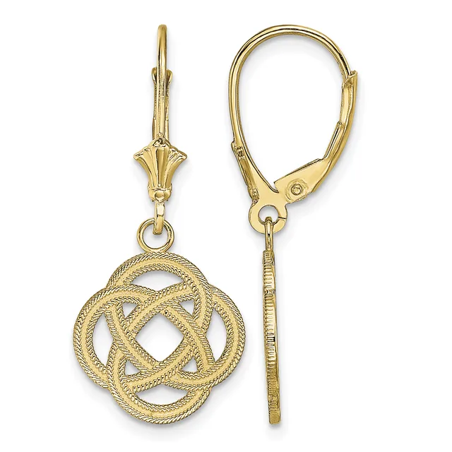 Pair of gold-colored lever-back earrings with decorative knot-shaped pendants featuring textured surfaces and openwork design.