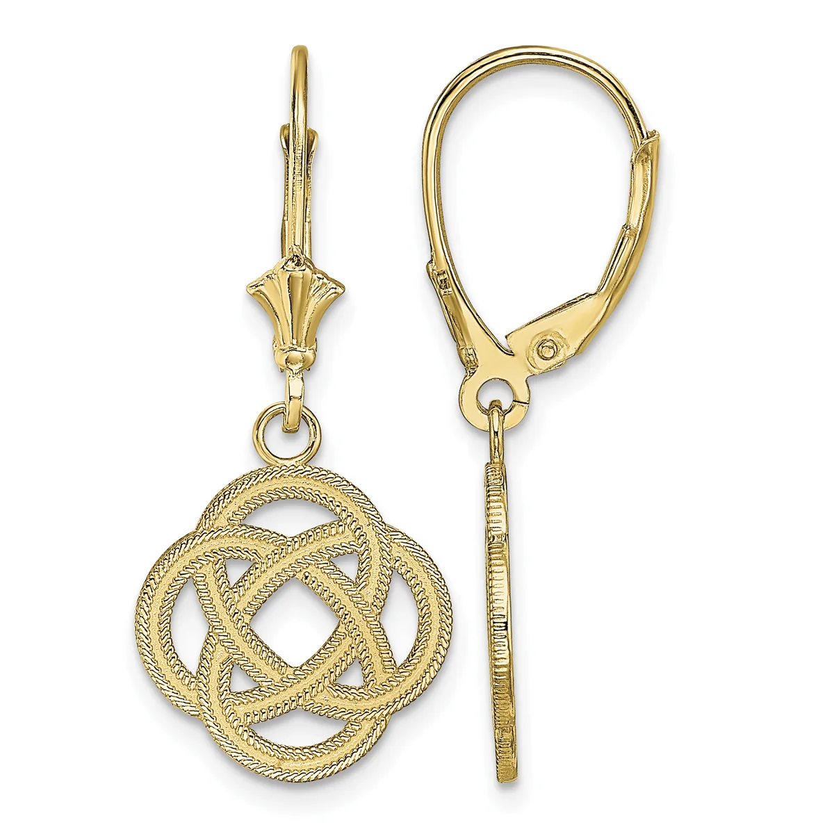 Pair of gold-colored lever-back earrings with decorative knot-shaped pendants featuring textured surfaces and openwork design.