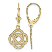 Pair of gold-colored lever-back earrings with decorative knot-shaped pendants featuring textured surfaces and openwork design.