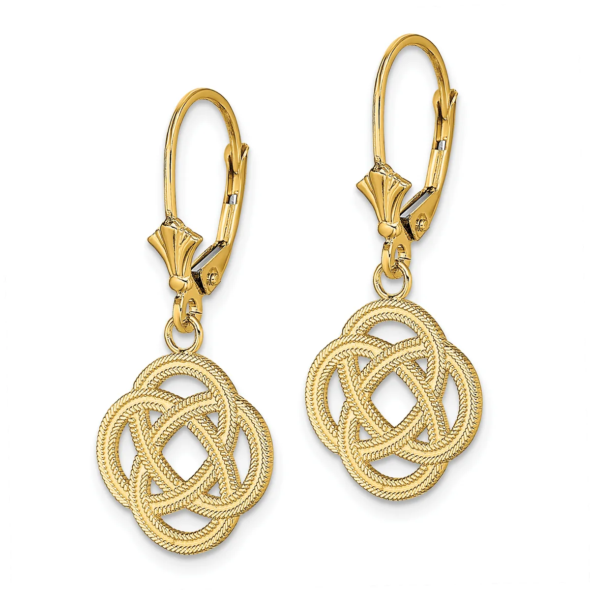 Pair of gold lever-back earrings with textured quatrefoil pendants featuring openwork Celtic knot designs.