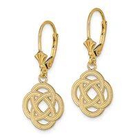 Pair of gold lever-back earrings with textured quatrefoil pendants featuring openwork Celtic knot designs.
