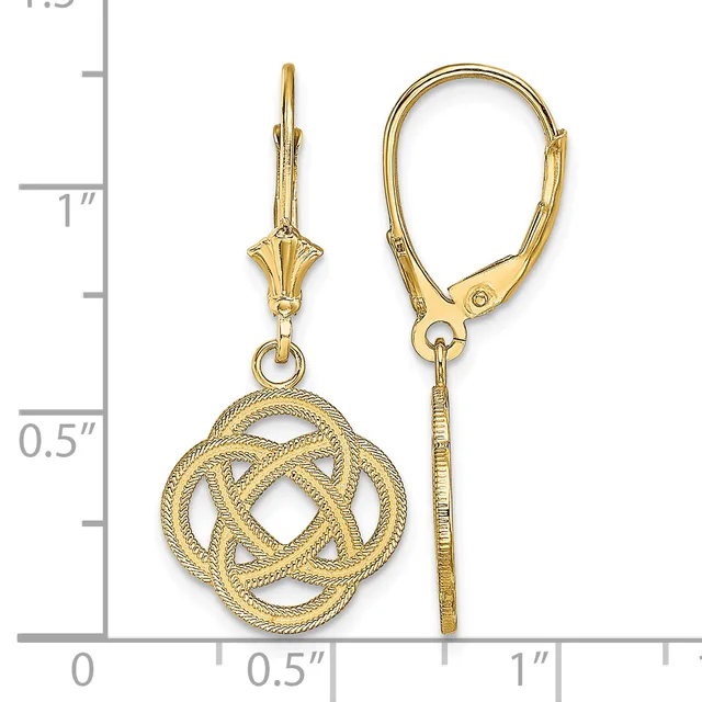 A pair of gold-toned leverback earrings with textured circular Celtic knot pendants, shown next to a measurement ruler.