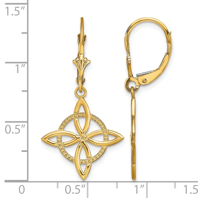 Gold four-pointed star drop earrings with diamond accents, shown front and side view next to a measurement ruler.