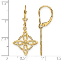Gold four-pointed star drop earrings with diamond accents, shown front and side view next to a measurement ruler.