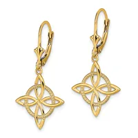 Pair of gold four-pointed star drop earrings with diamond accents and lever-back closures, displayed side by side.