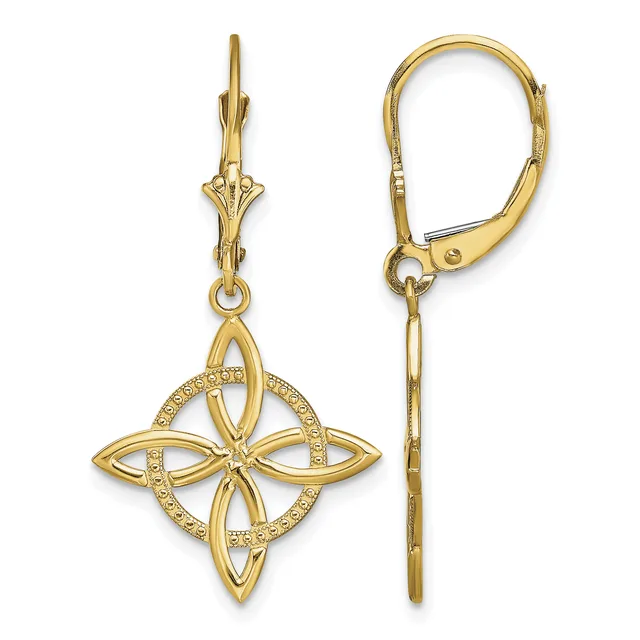 Pair of gold-toned lever-back earrings with four-pointed star pendants featuring open filigree design and crystal accents, shown front and side views.