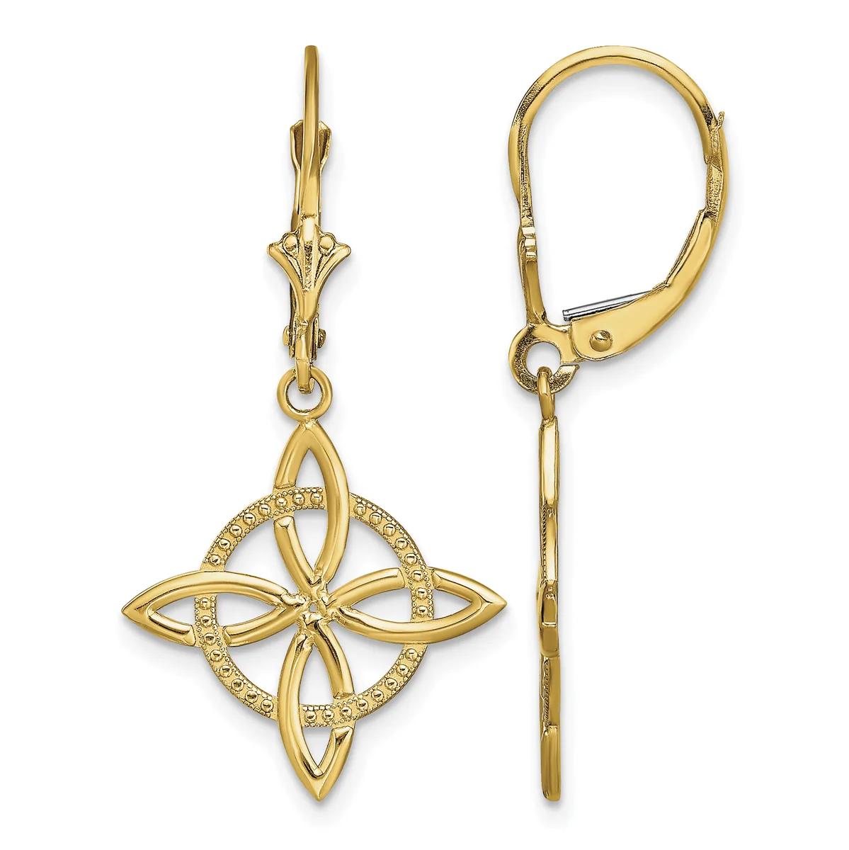 Pair of gold-toned lever-back earrings with four-pointed star pendants featuring open filigree design and crystal accents, shown front and side views.