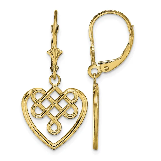 Pair of gold-tone heart-shaped earrings with Celtic knot design centers, shown front and side view with lever-back closures.