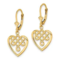 Pair of gold lever-back earrings with heart-shaped pendants featuring interlocking Celtic knot designs.