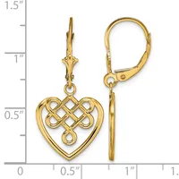 Gold-toned heart earrings with interlocking Celtic knot design centers, shown on lever-back wires next to a measurement scale.